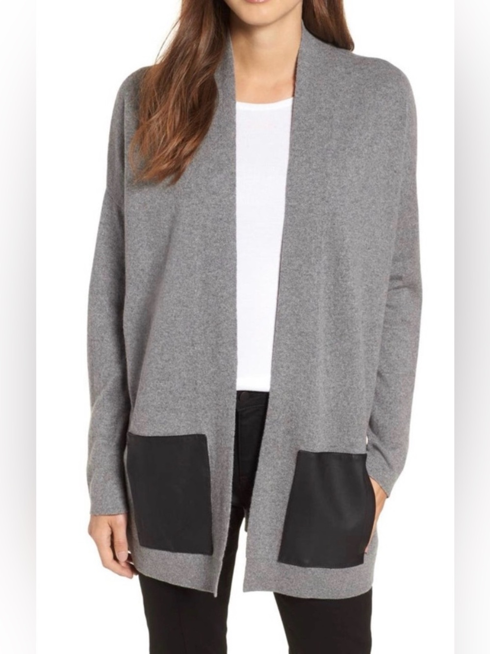 Eileen Fisher Grey Open-Front Women's  Cardigan Sweater with Leather Pockets